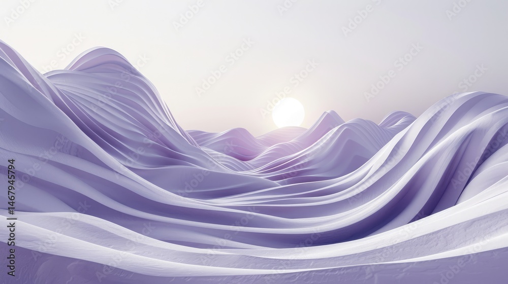 Poster abstract white and purple waves with black spheres. 3d digital art design with fluid motion and dept
