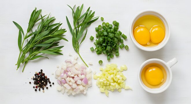 Overhead shot of fresh ingredients including herbs eggs and chopped vegetables on white