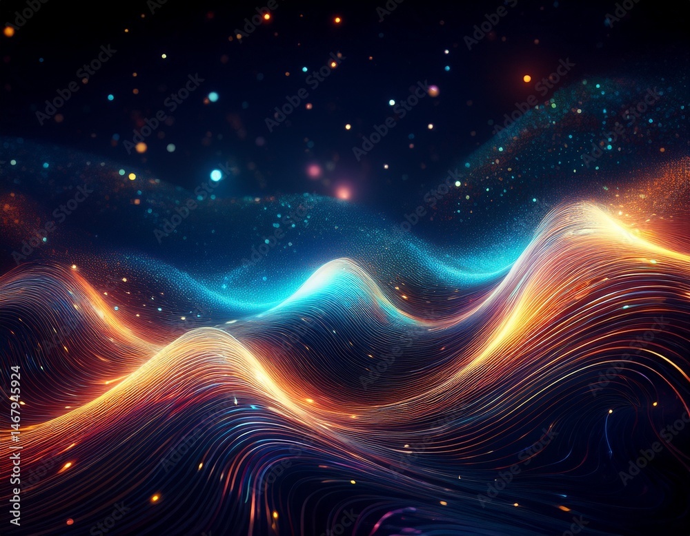 Wall mural abstract glowing waves and cosmic particles in a dark starry background