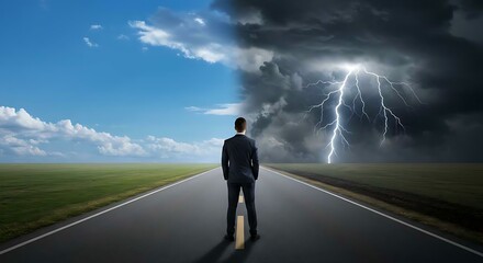 Businessperson standing at a forked road under stormy and clear skies, symbolizing decision-making