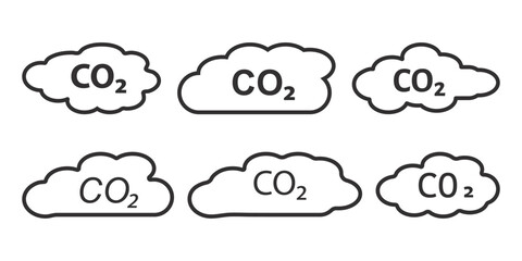 CO2 emissions into the atmosphere. Set of black vector CO2 icons. Set of simple abbreviation black cloud signs. Black CO2 emission reduction signs. Eps 10.