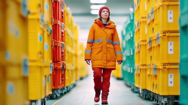 A person in orange safety clothing walks between rows of colorful plastic storage bins in a warehouse.