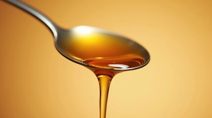 A golden honey droplet sliding down a silver spoon, capturing the syrupy viscosity and radiant shine against a warm, creamy brown backdrop, with subtle reflections.
