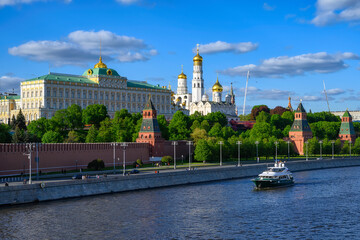 View of Moscow Kremlin, Kremlin Embankment and Moscow River in Moscow, Russia. Architecture and landmark of Moscow