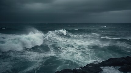 Fototapeta premium Powerful waves crash against dark rocks under stormy sky