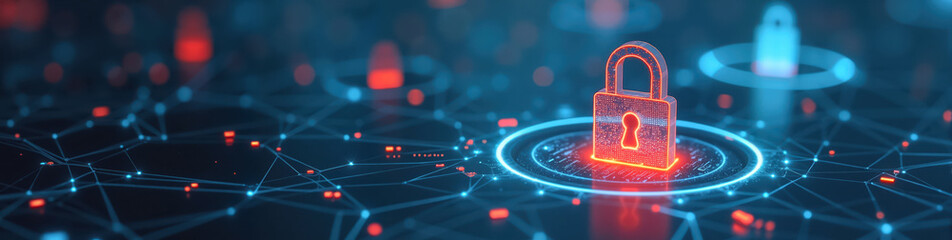 LinkedIn banner featuring a sleek digital security panel with glowing biometric scan rings and lock icons, representing cybersecurity innovation.