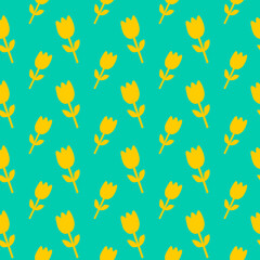 Teal Yellow Tulip Floral Pattern Seamless Repeat Textile Design