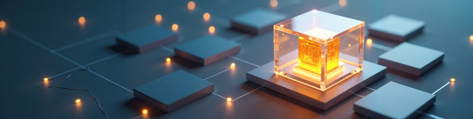 Symbolic digital identity vault with layered transparent glowing cubes and a highlighted golden cube, representing privacy and security in the digital space.