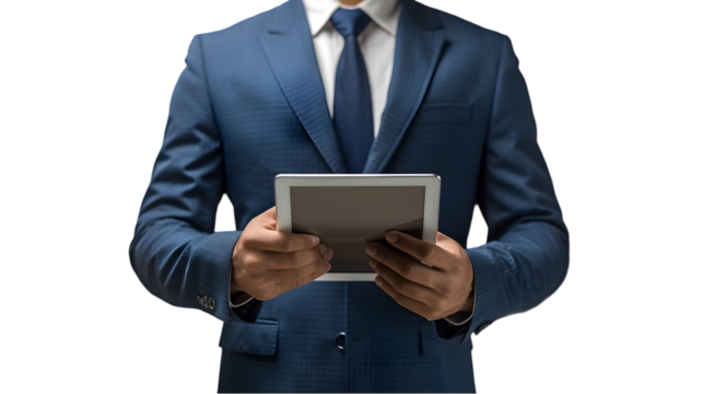 Businessman in blue suit holding tablet device against a dark background in a studio setting - Powered by Adobe