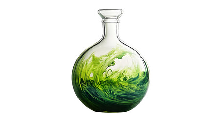 A glass flask filled with vibrant green swirling liquid. transparent background
