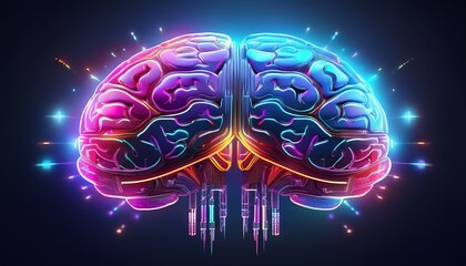 futuristic neon brain showing biological and technological halves