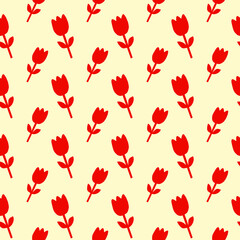 Red Tulip Flower Pattern Seamless Design Pastel Yellow Background Spring Floral Textile Print