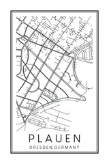 Hand drawn printable downtown road map poster of borough PLAUEN of the German city of DRESDEN on solid white background with city name