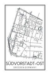 Hand drawn printable downtown road map poster of borough SÜDVORSTADT-OST of the German city of DRESDEN on solid white background with city name