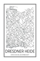 Obraz premium Hand drawn printable downtown road map poster of borough DRESDNER HEIDE of the German city of DRESDEN on solid white background with city name