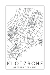 Fototapeta premium Hand drawn printable downtown road map poster of borough KLOTZSCHE of the German city of DRESDEN on solid white background with city name
