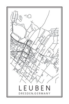 Hand drawn printable downtown road map poster of borough LEUBEN MIT DOBRITZ-S&Uuml;D UND NIEDERSEDLITZ-NORD of the German city of DRESDEN on solid white background with city name