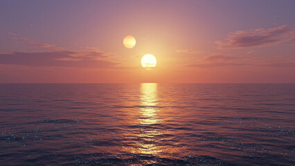 a reflective alien ocean under a sky with twin suns