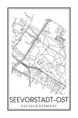 Hand drawn printable downtown road map poster of borough SEEVORSTADT-OST, GROSSER GARTEN MIT STREHLEN-NORDWEST of the German city of DRESDEN on solid white background with city name