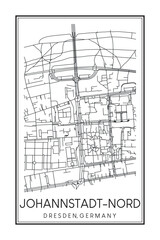 Hand drawn printable downtown road map poster of borough JOHANNSTADT-NORD of the German city of DRESDEN on solid white background with city name