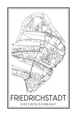 Obraz premium Hand drawn printable downtown road map poster of borough FRIEDRICHSTADT of the German city of DRESDEN on solid white background with city name