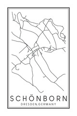 Hand drawn printable downtown road map poster of borough SCHÖNBORN of the German city of DRESDEN on solid white background with city name