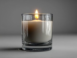 Single candle in glass container on neutral background