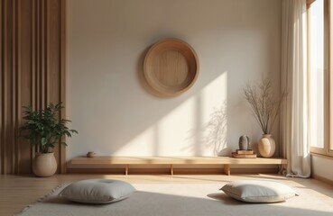 Serene meditation space with natural zen elements. Soft sunlight illuminates cozy interior with wooden decor, plants, cushions. Interior design for relaxation, spiritual practice, yoga mindful living.