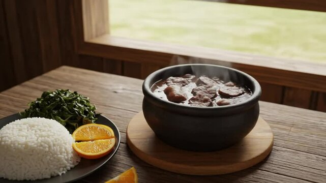 A steaming bowl of feijoada with sides creates a visually appealing, hearty Brazilian meal.