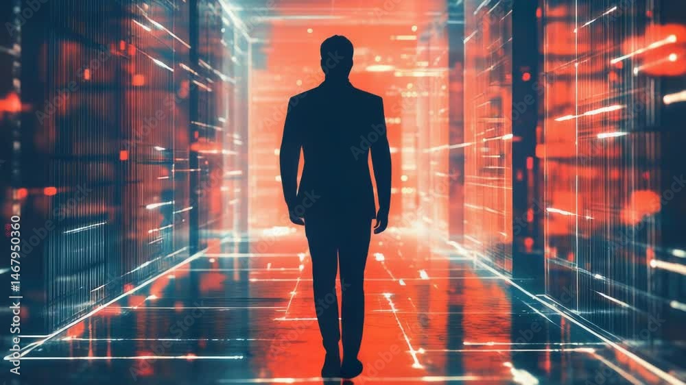 Poster a person stands in a room illuminated by a bright red light, creating an eerie atmosphere