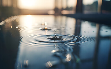 Beautiful Water Droplet Splash with Ripples on Water Surface at Sunset

