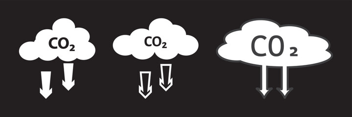 Cloud co2 reduction vector icons. Reduce co2 gas icon set. Carbon reduction cloud sign. CO2 icons. 
