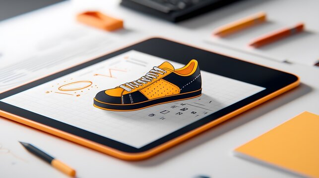 Orange and Black Shoe 3D Model on Digital Tablet