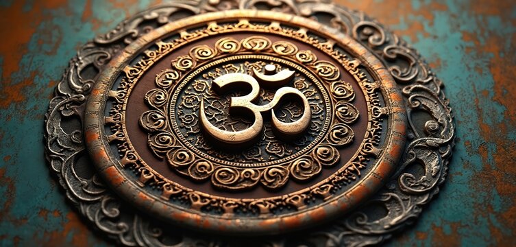 Ornate mandala art with Om symbol. Golden, bronze colors, intricate detail. Spiritual, religious artwork for meditation, yoga, peace, decoration. Symbol of universe, harmony. Ancient culture.