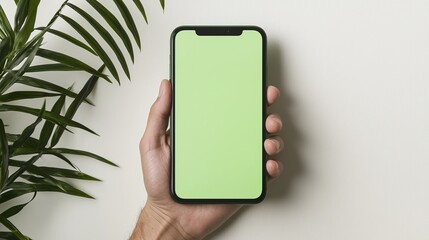 A hand holding a smartphone with a blank green screen, surrounded by lush green leaves for a fresh, modern vibe.