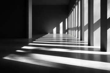 Fototapeta premium Light streaming through windows in a long hallway.