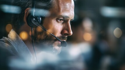 Call Center Interface Displaying an Employee Assisting Customers While Using a Headset in a Busy Environment During Work Hours Generative AI