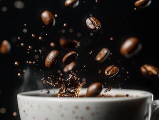 Coffee beans falling into a cup with splash