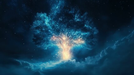 Luminous tree, starry night, celestial clouds.