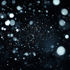 Abstract winter snowfall captured in high-definition, white round particles floating against a dark black backdrop. Defocused bokeh circles creating a magical overlay effect.