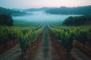 Naklejka premium Grapes hanging on vines in a foggy Napa Valley vineyard at morning.