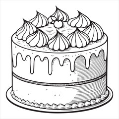 Children's and adults' coloring page depiction of a cake outline