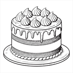 Coloring page of a cake.  Adult and child coloring page of a birthday cake.  Amazon KDP's mid-content coloring page.  Cake coloring sheet