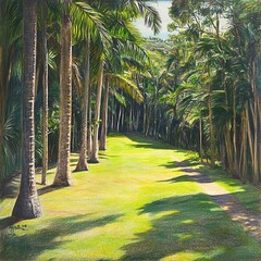 Obraz premium Lush Green Pathway Through a Tropical Palm Forest
