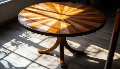Round wooden table with sunburst design