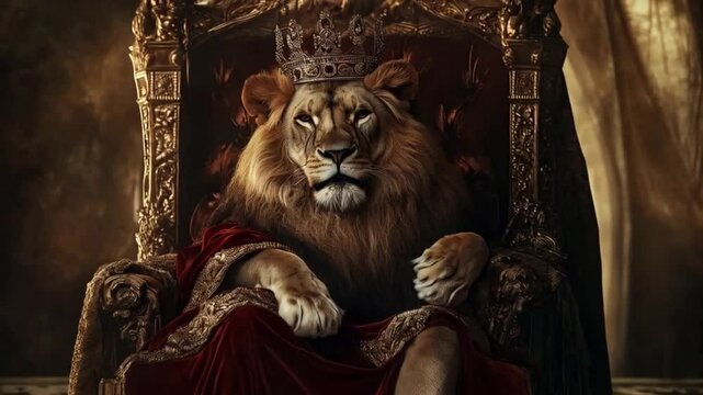 Regal lion king seated on majestic golden throne radiating royal authority.