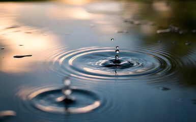 Water Droplets Creating Ripples at Sunset &ndash; Stunning Nature Close-Up