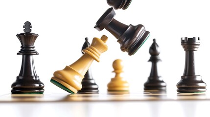 Falling Chess Pieces on Board Isolated on White Background