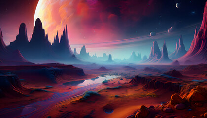 Surreal Alien Landscape Vibrant Red Desert Dramatic Mountains and Glowing Planet