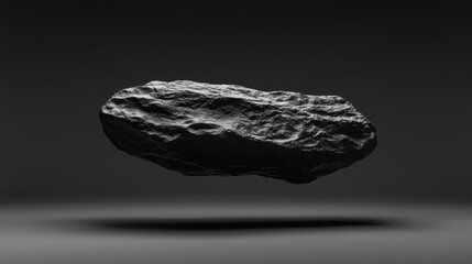 A large, irregularly shaped rock suspended in mid-air against a dark background.